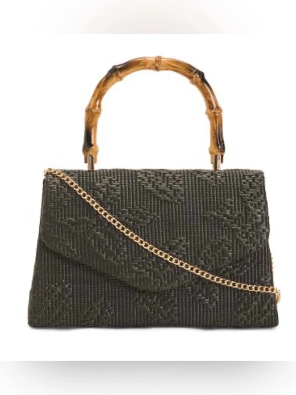 Woven Black Satchel with Bamboo-Style Top Handle and Gold Chain